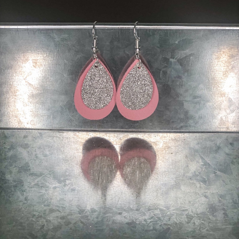 1.5” Tear Drop Glitter and Faux Leather Earrings